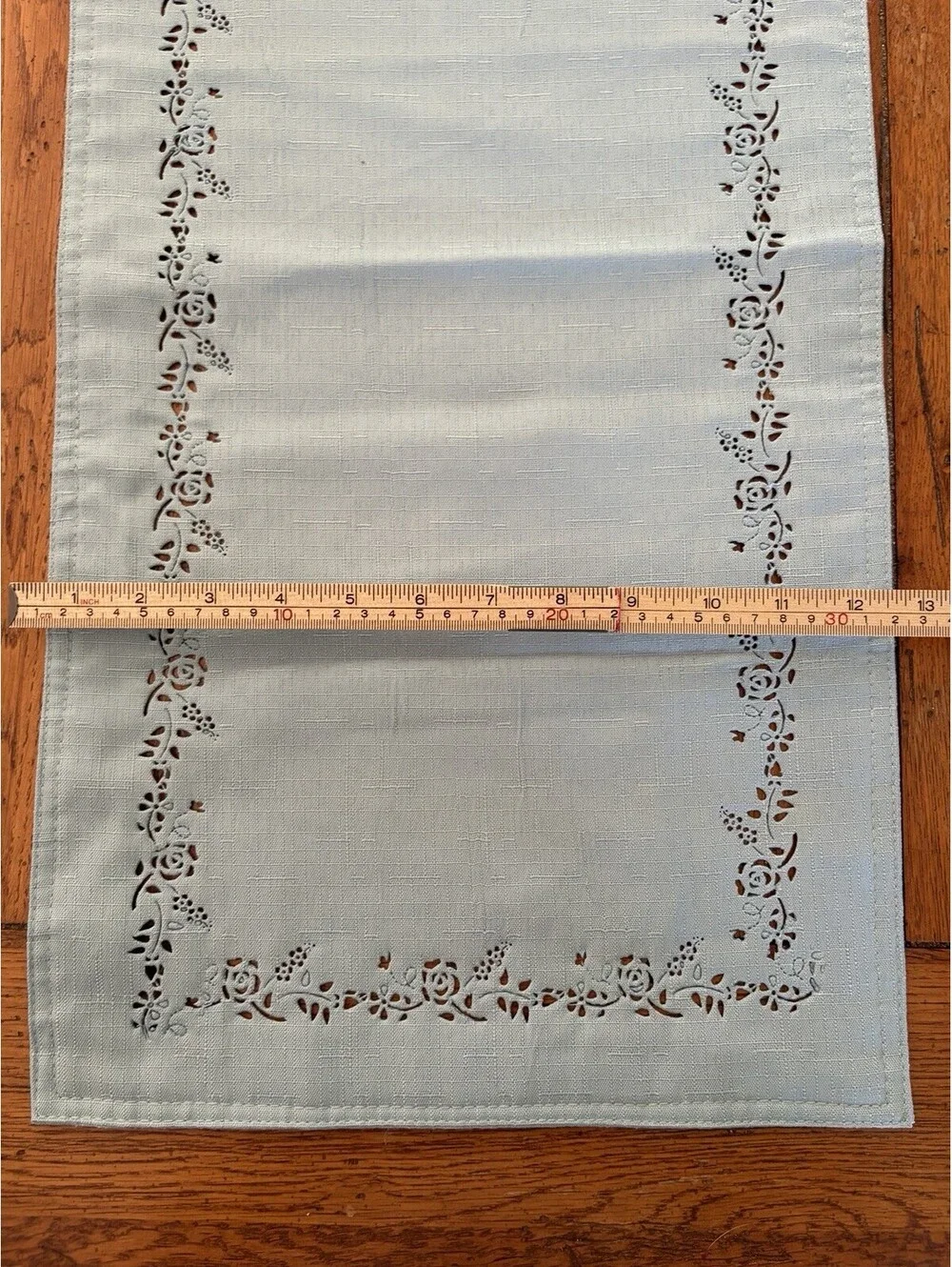 Vintage Style Table Runner Solid Blue Green With Cutwork Floral Border  12x68”